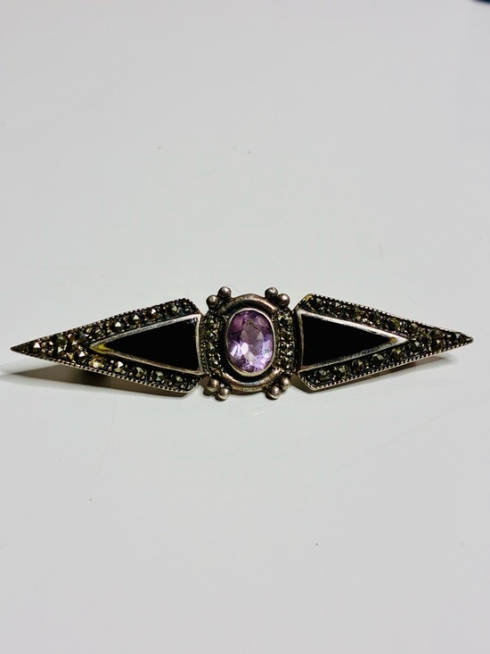 925 Sterling Silver Jewelry - 925 Victorian Inspo Art Deco VTG BL Onyx Inlayed Amethyst Marcasite Bar Brooch